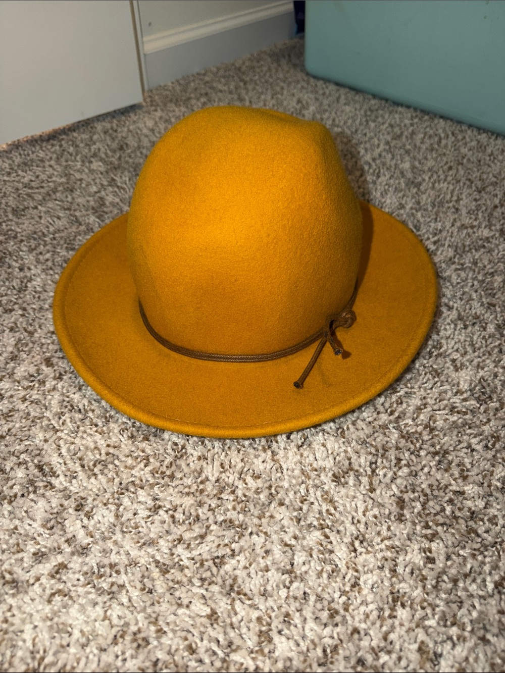 Universal Thread Mustard Felt Fedora with Brown Leather Tie